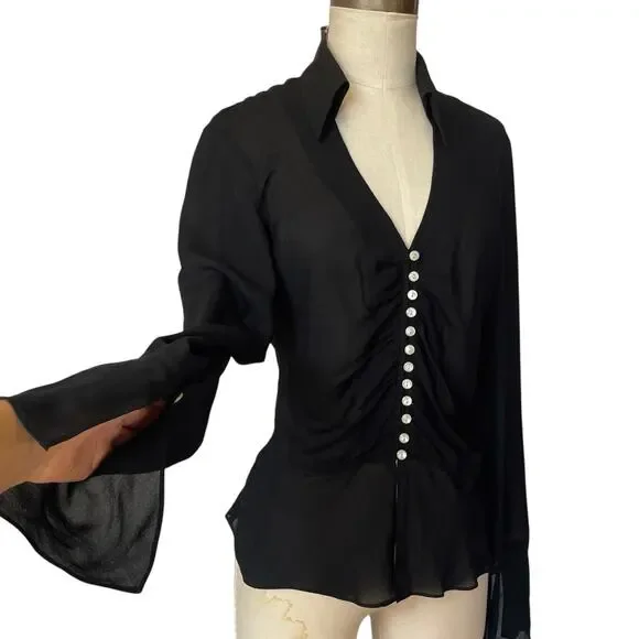 2000's Y2K top size 10 Anne Klein black sheer button up silk whimsigoth witchy - Picture 2 of 8